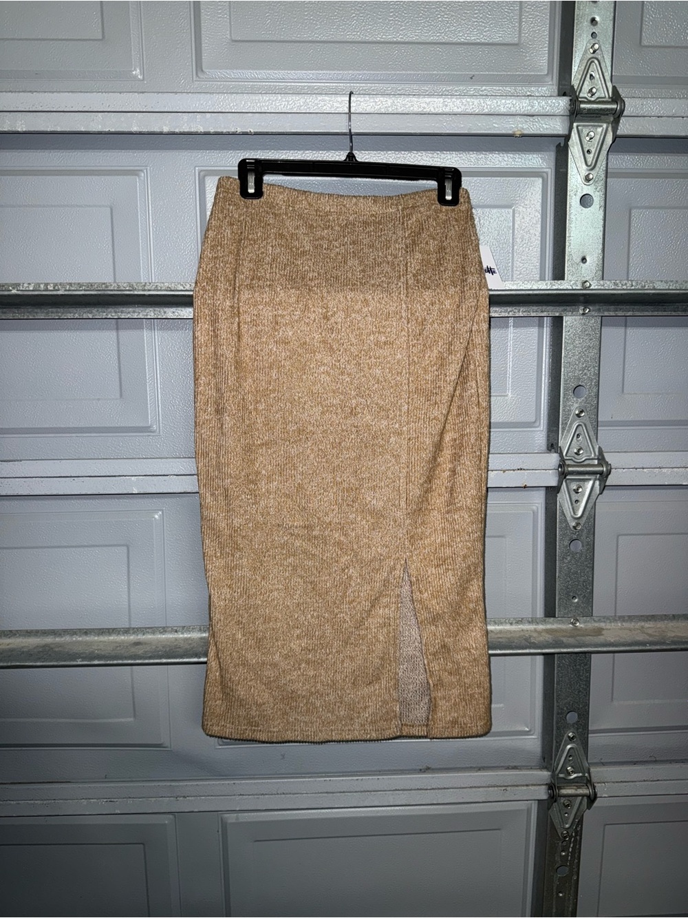Ribbed Midi Pencil Skirt with Side Slit - Tan - Picture 1 of 7